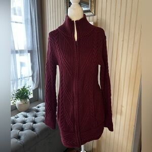 Athleta Cable Knit Zip Sweater M Burgundy Cotton Cashmere Cardigan Granola Girl